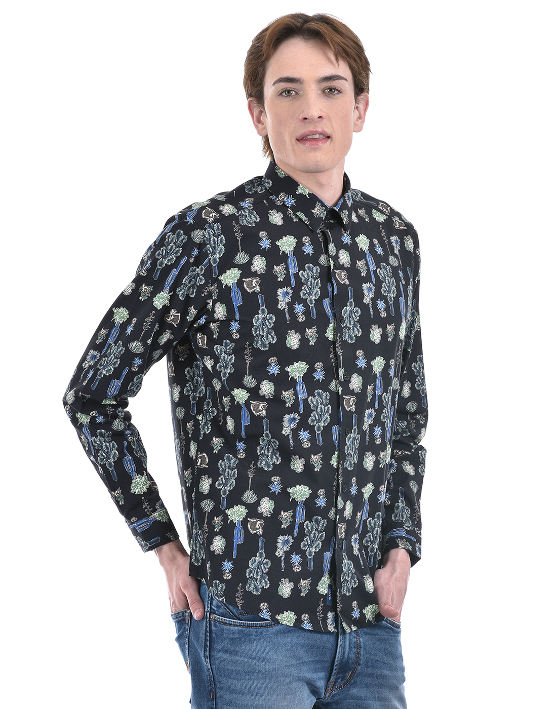 Numero Uno Men Floral Print Black Shirt